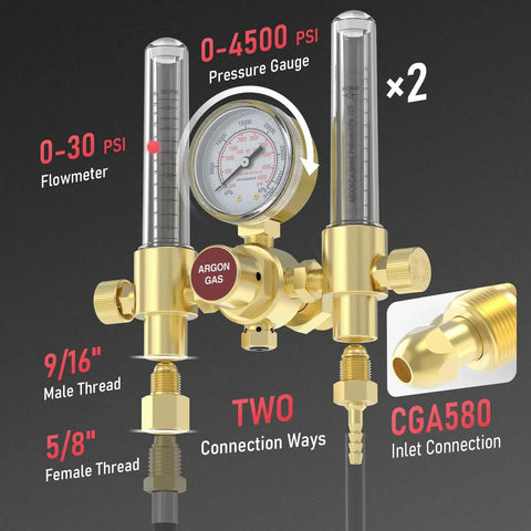 Dual Output Argon Regulator Flow Meter with 0 to 4500 PSI Gauge, CGA580 Inlet Connection, Brass Body Outlets, Two Connection Methods
