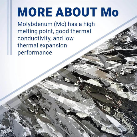 Image of molybdenum material showcasing its high melting point, good thermal conductivity, and low thermal expansion.