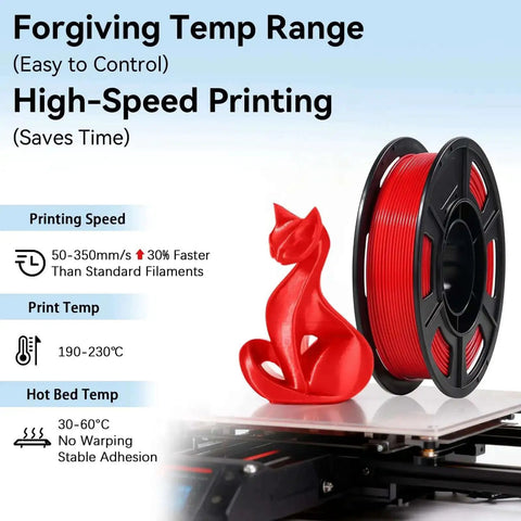 Regular PLA Filament 1.75mm 53mm Spool 250g Six Color Pack For Beginners with red filament and printed cat figurine.