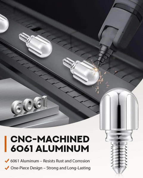 Close-up of CNC-machined 6061 aluminum 1.65 inch attachment knob thumb screws with chrome finish for kitchen mixers.