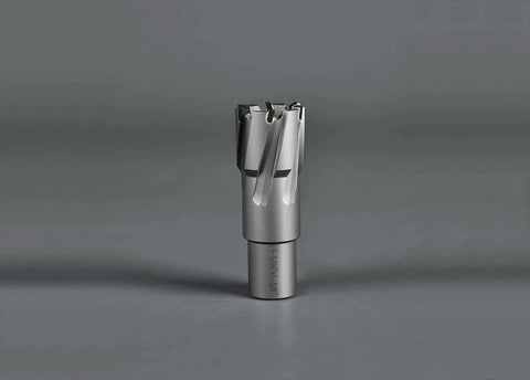Carbide Annular Cutter Set For Drill Press By JESTUOUS 8 Piece Weldon Shank, close-up of single cutter on gray background.