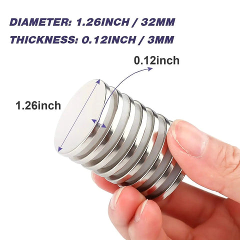Front view of 1.26-inch neodymium disc magnets with double-sided adhesive, 0.12-inch thick, stacked in hand