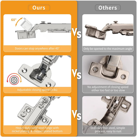 Chibery 10-pack satin-nickel frameless concealed cabinet hinges with soft-close and clip-on; comparison image.