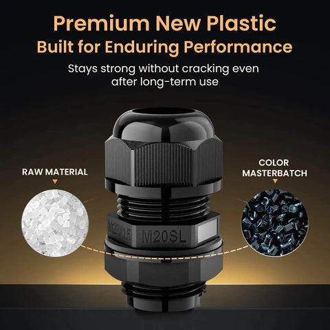 10 Pack M20SL Long Thread Cable Gland Waterproof IP68 Nylon Strain Relief Cord Grip Pass Through Wire Connector with raw materials shown