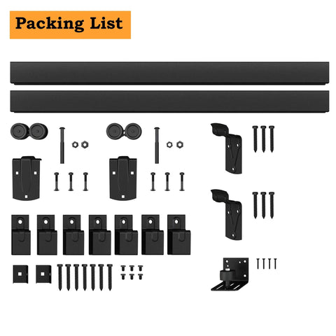10 Foot Black Box Rail Exterior Barn Door Hardware Kit with track, brackets, rollers, and screws, supports 450 lb doors