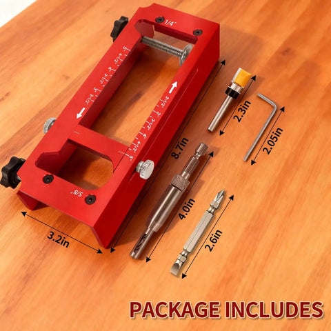 Adjustable Door Hinge Jig For Jambs And Routers, Aluminum Alloy Hinge Template Kit Fits Door Hinges From Two Point Five To Five Inches, Radius One Quarter Inch Or Radius Five Eighths Inch, Red, Durable Router Template Tool For Precise Installations and accessories on wooden table.