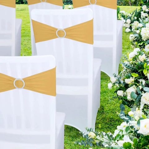 Gold Spandex Chair Sashes 30 Piece With Sliders For Wedding Banquet Decor on white chairs in outdoor wedding setting