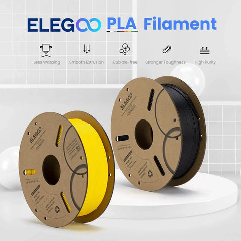 Black PLA Filament 1.75mm 1kg Spool For 3D Printing 0.02mm Tolerance next to yellow spool, both on display