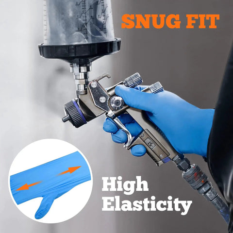 Person using spray gun wearing Six Mil Nitrile Exam Gloves Large Box Of 100 Latex Free Powder Free Heavy Duty showing snug fit.