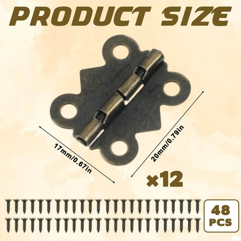 12Pcs Antique Bronze Butterfly Hinges 0.79 x 0.67 Inch With 48 Screws for small projects, includes product dimensions and screw count.