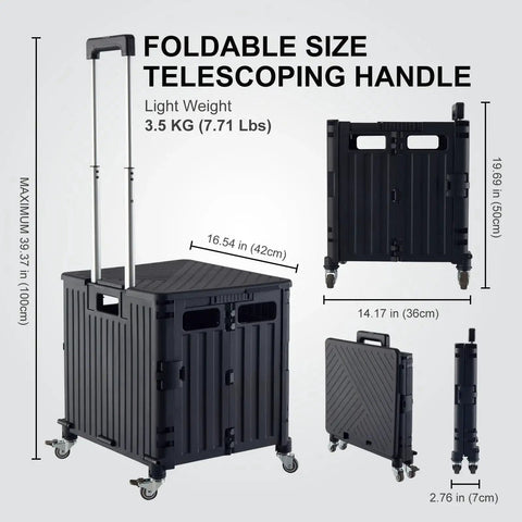 Folding Utility Cart With Lid And Basket On Four 360 Degree Rotating Wheels Portable Rolling Handcart telescoping handle and dimensions