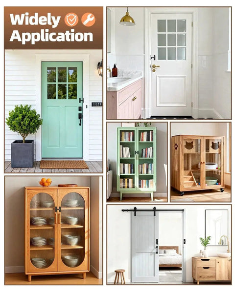 Heavy-Duty Zinc Alloy Barn Door Lock With 90/180 Degree Flip Privacy Latch, installed on various doors and cabinets, black finish.