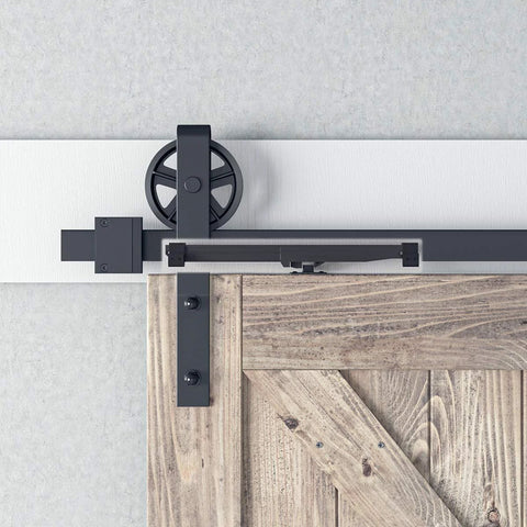 Barn Door Soft Close Kit For Single Doors 88 To 132 Lb Capacity Hidden Spring Buffer Damper Hole Free Upgrade No Drill Needed Quiet Close System Heavy Duty 2 Pack Hardware installed on wooden barn door
