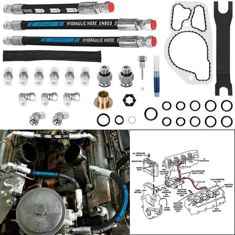 Beefed Up 38 Piece High Pressure Oil Pump HPOP Master Service Kit With Hoses And Lines Crossover Kit For Ford 7 3L Powerstroke Diesel Engines 1999 2000 2001 2002 2003 F Series E Series Excursion