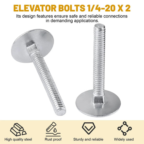 Elevator bolts 1/4-20 x 2, zinc-plated steel fasteners with flat round heads; two bolts shown