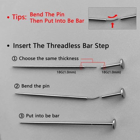 Instruction steps for using Titanium Threadless Piercing Tapers Set 16G 18G 20G with Curved and Straight Insertion Pins for piercing.