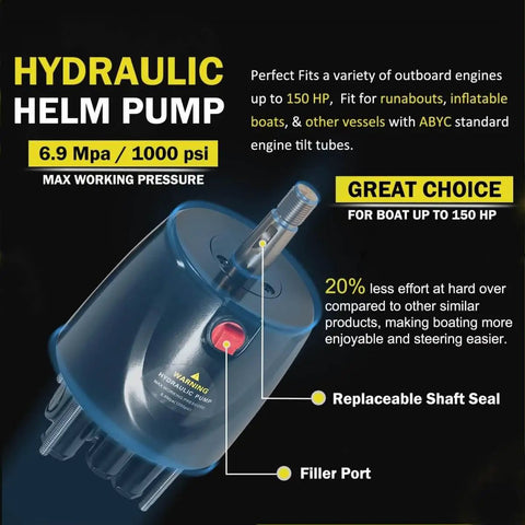 All In One 150HP Outboard Hydraulic Steering Kit With 13 Inch Plated Alloy Steering Wheel, 25 CC Helm Pump, Cylinder, And 26.8 Foot Cuttable Hoses For Yamaha, Honda, Suzuki, Mercury, Bay Boats, Pontoon showing blue hydraulic helm pump with specifications.