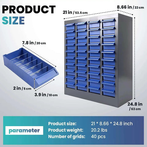 40 Drawer Parts Cabinet With Label Stickers Nut And Bolt Organizer ABS Drawers For Screws Bolts Nuts In Workshop Garage And Office Built Tough For Long Lasting Rust Resistant Mess Free Organization featuring product dimensions