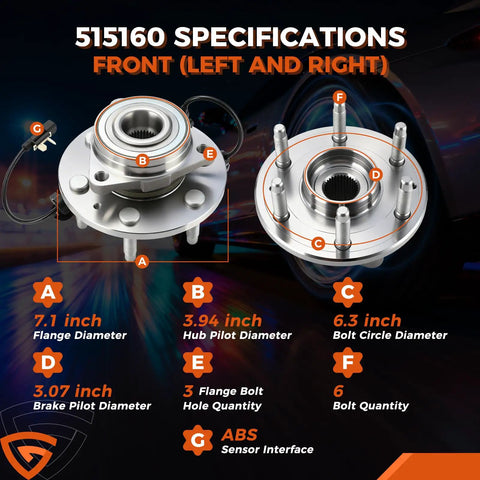4WD Front Wheel Bearing And Hub Assembly With ABS For Silverado 1500 Tahoe Suburban Sierra Yukon XL Escalade And Escalade ESV Six Lug Compatibility 2014 To 2020, front and side view with specifications