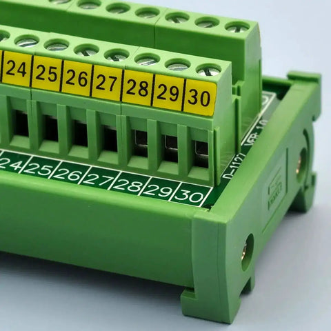 DIN Rail Mount 30-Position Screw Terminal Block Distribution Module With 24A Per Position, 400V Rating, shown close-up.
