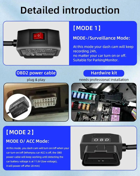 Image displaying OBD2 To Mini USB Power Cable For Dash Cam With Right Angle USB Adapter Hardwire Charger Switch.