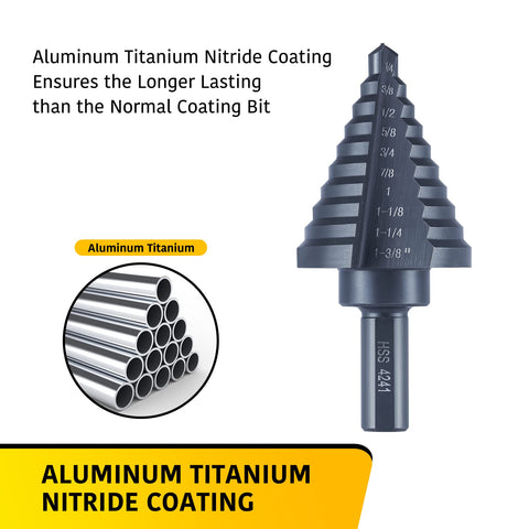 10 Size Step Drill Bit Set For Metal Sheets From One Quarter Inch To One And Three Eighths Inch HSS Titanium Coated Cone Bits For Hole Drilling And Cutting Multi Size Unibit By Anfrere, showing aluminum titanium nitride coating.