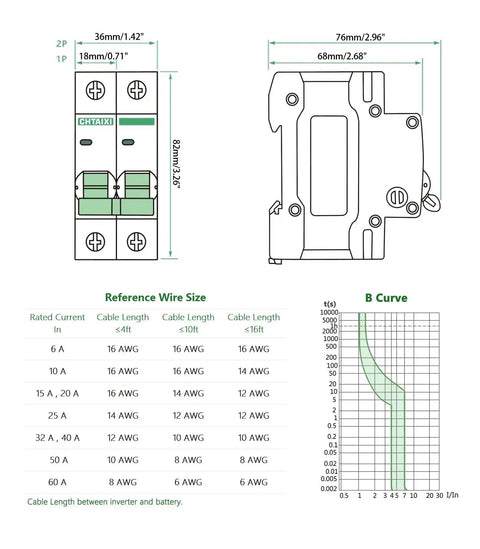 Diagram of 12V To 110V DC Miniature Circuit Breaker 60 Amp One Pole Battery Protector dimensions and specifications