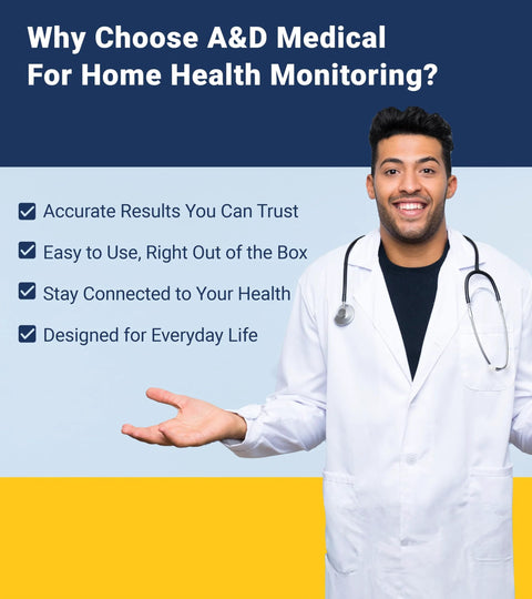 A&D Medical UA-767FAC home blood pressure monitor: doctor in white coat with stethoscope, blue and yellow background.