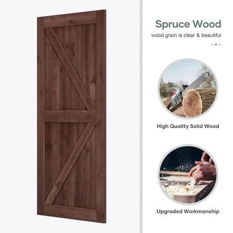Sliding Barn Wood Door Slab 42 Inch By 84 Inch With 7ft Hardware Kit And Handle In Coffee Color K Shape Spruce Solid Wood Durable Rustic Door