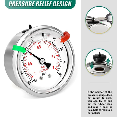 Glycerin Filled Stainless Steel Vacuum Pressure Gauge With Center Back Mount 2.5 Inch Dial Quarter Inch NPT Dual Scale From Minus 30 InHg To 30 Psi For Water Oil And Air Testing No Frills Durable Industrial Gauge showing front view with relief design