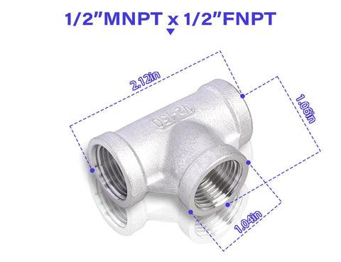 TL TOOLEGIN 1/2 in MNPT x 1/2 in FNPT stainless steel tee, 304 SS, 3-way pipe fitting, pack of 2