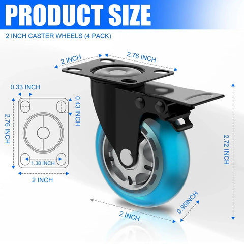 2 Inch Plate Caster Wheels Set Of 4 Heavy Duty With Brakes Up To 800 Lbs No Noise Polyurethane Castors dimensions diagram
