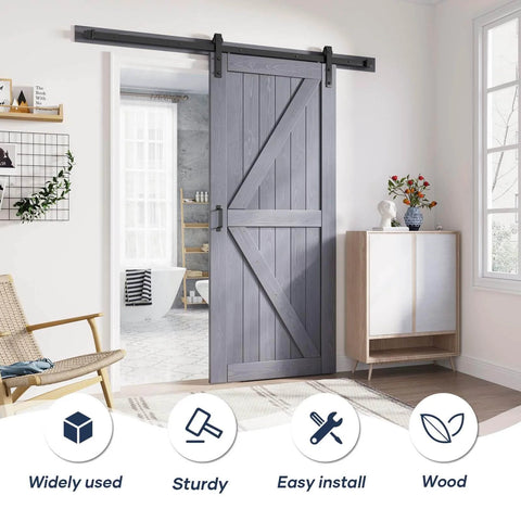 Gray Wood Barn Door Slab 36 Inch By 84 Inch With 6.6 Ft Barn Door Hardware Track Kit Included, installed between two rooms