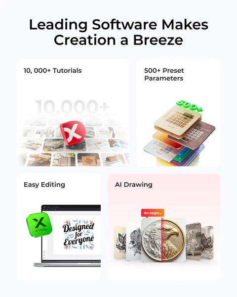 Collage highlighting software features: tutorials, preset parameters, easy editing, AI drawing with images and illustrations.