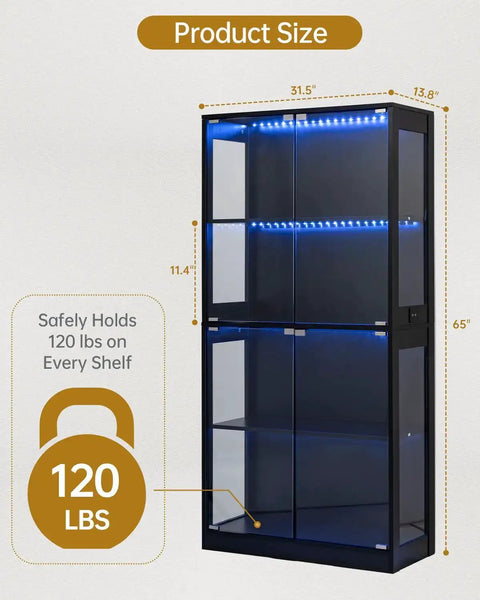 Diagram showing dimensions and weight capacity of the 65 Inch Glass Display Cabinet with RGB LED Lights and Glass Doors.
