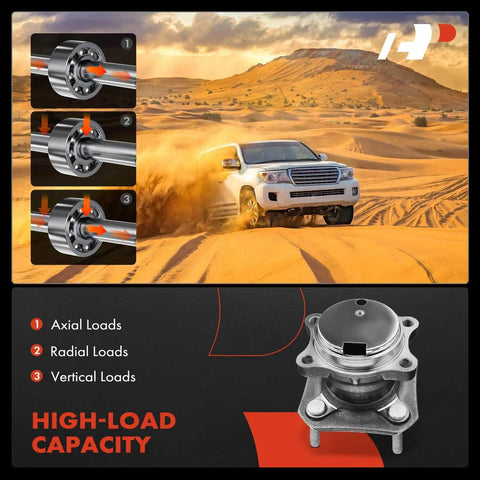 Off-road vehicle demonstrating Set Of Two Rear Wheel Bearing And Hub Assemblies For Nissan Sentra 2007 To 2012 L4 2.0L FWD With Four Lug ABS Compatible Built Tough For Daily Driving And A Smooth Ride Replacement, with images illustrating axial, radial, and vertical loads on hub assembly.