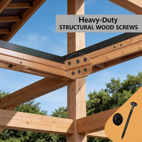 Self Tapping Structural Screws 14 By 6 Inch, 150 Pieces Carbon Steel Black Rustproof Deck Screws With T30 Star Drive Bit installed in wood structure