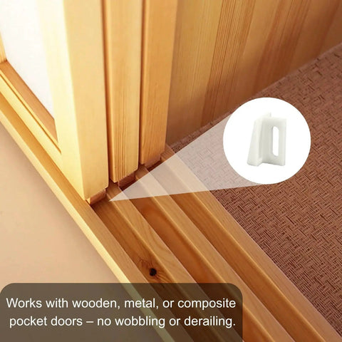 16 Piece Pocket Door Bottom Guides Set For Sliding Doors Universal Fit Interior Doors Jamb Mounted Aluminum Track System With 8 Heavy Duty Guides And 8 Rust Proof Screws For Quick Replacement And Smooth Gliding shown installed on wooden door track
