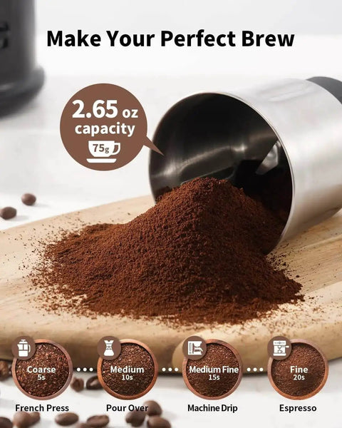 Ground coffee from One Touch Coffee And Spice Grinder With Removable Stainless Steel Cup For Coffee Beans Spices And Seeds Quiet Electric Dry Grinder Easy One Hand Operation Low Noise About 60 dB Black.