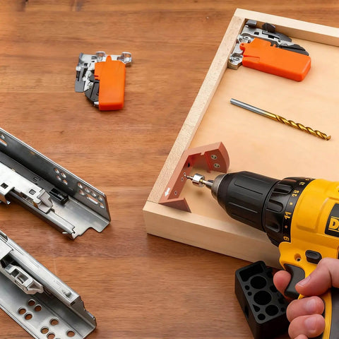 Undermount Drawer Drilling Guide Pro Kit with aluminum drill angle guide, steel inserts, drill bits, and yellow drill in use