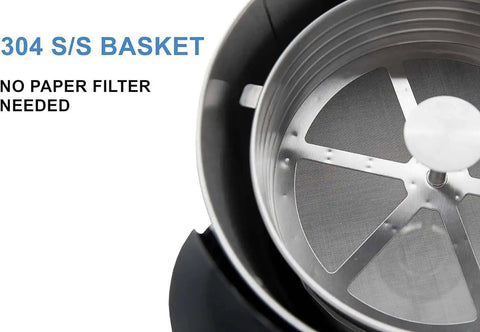 Top view of Commercial Grade Stainless Steel Percolator Coffee Urn for Catering showing 304 S/S basket and no paper filter required.