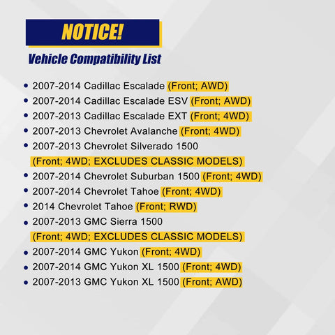 Vehicle Compatibility List for Front Wheel Bearing And Hub Assembly For AWD 4WD SUVs And Trucks, model years 2007-2014.