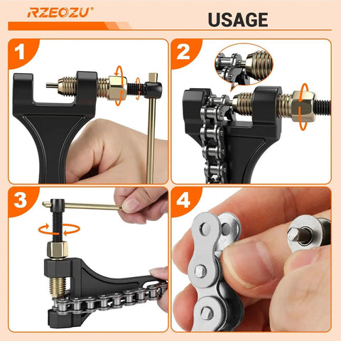 Universal Motorcycle Chain Breaker Tool For 420 530 520 525 428 40 Master Links, showing usage instructions and link removal