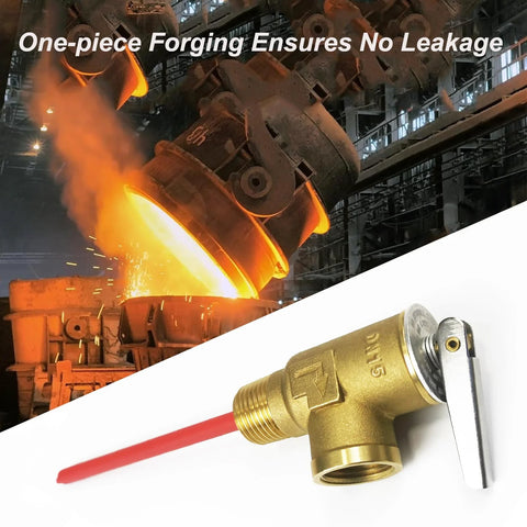 Brass T&P relief valve with 1/2 in NPT, lever, and red tube for electric tank water heater