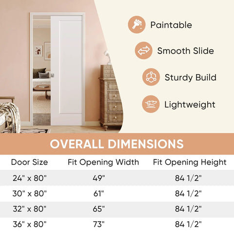 36 By 80 Inch Sliding Pocket Door With Track Hardware And Frame Kit White Paintable Door Slab Satin Nickel Privacy Latch