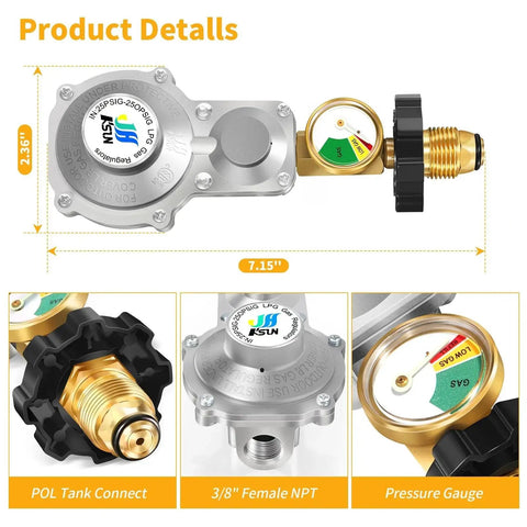 Two Stage Propane Regulator With Gauge For RVs And Campers, Heavy Duty Double Stage Regulator With Three Eighth Inch NPT And POL Connectors