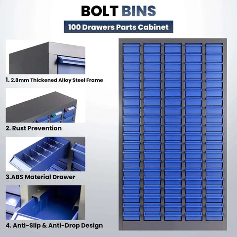 Boss Level Heavy Duty 100 Drawer Nut And Bolt Organizer Cabinet With Stainless Steel Build and ABS drawers, close-up view