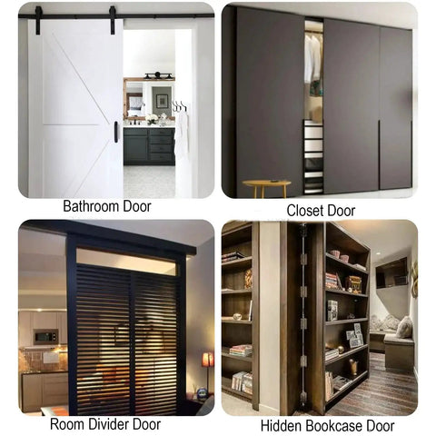 48 Inch Concealed Sliding Barn Door Hardware Kit For Interior Wooden Doors Heavy Duty Hidden Track System Quiet Smooth Slide Adjustable Fit Modern Hidden Barn Door Hardware Set For Home Hallways And Closets; bathroom, closet, room divider, and hidden bookcase door views.