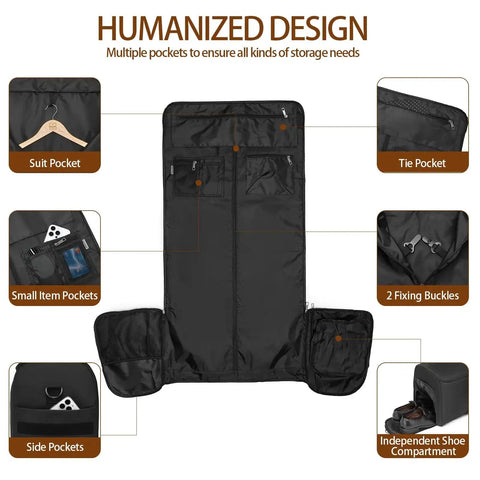 Open black rolling garment bag with suit pocket, tie pocket, small item pockets, side pockets, fixing buckles, and shoe compartment.