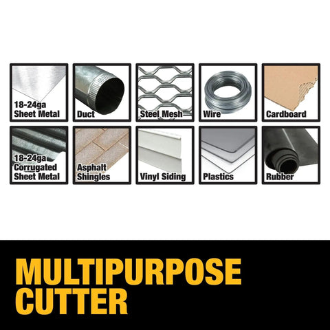 Image showing cutting applications of Beefy Heavy Duty Metal Shear Drill Attachment for various materials including sheet metal, duct, and vinyl siding.